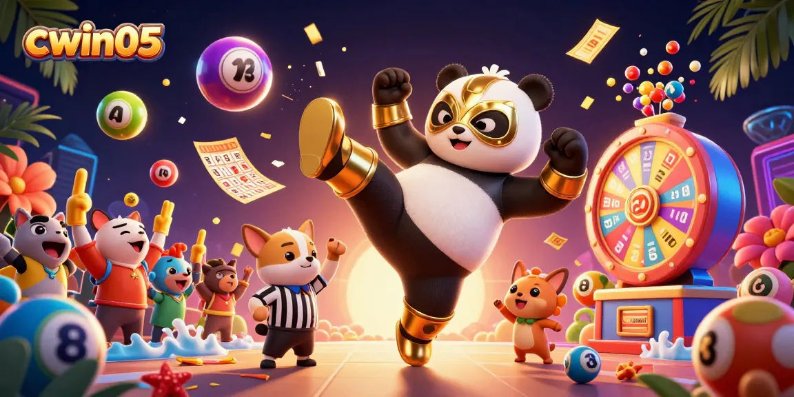 Engage in thrilling games at cwin05, showcasing a 3D panda wrestler amidst vibrant lottery elements.