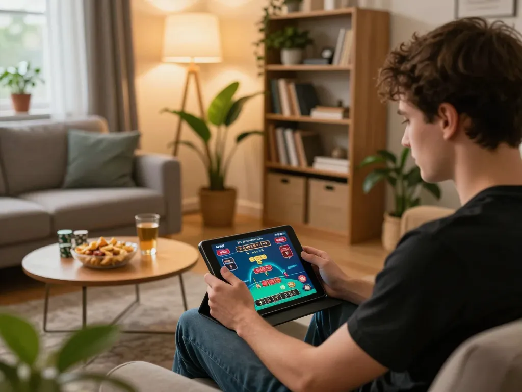 Engaging in gamebaidoithuong8 on a tablet in a cozy home setting with a poker interface