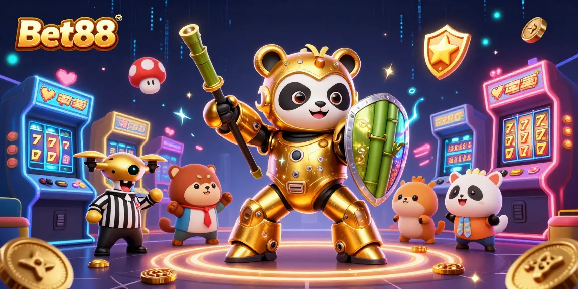 Experience thrilling adventures at Bet88 with vibrant 3D slots, game elements, and an entertaining panda robot!