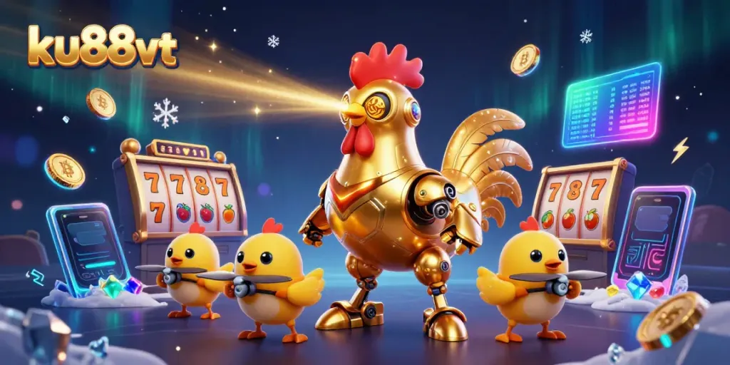 Experience thrilling gameplay at ku88vt with golden rooster robots and jackpot slots.