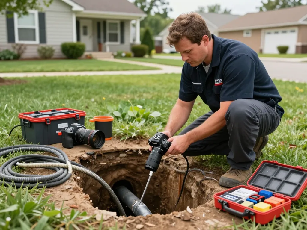 Sewer repair Northwest Indiana technician examining drain lines with tools in residential setting