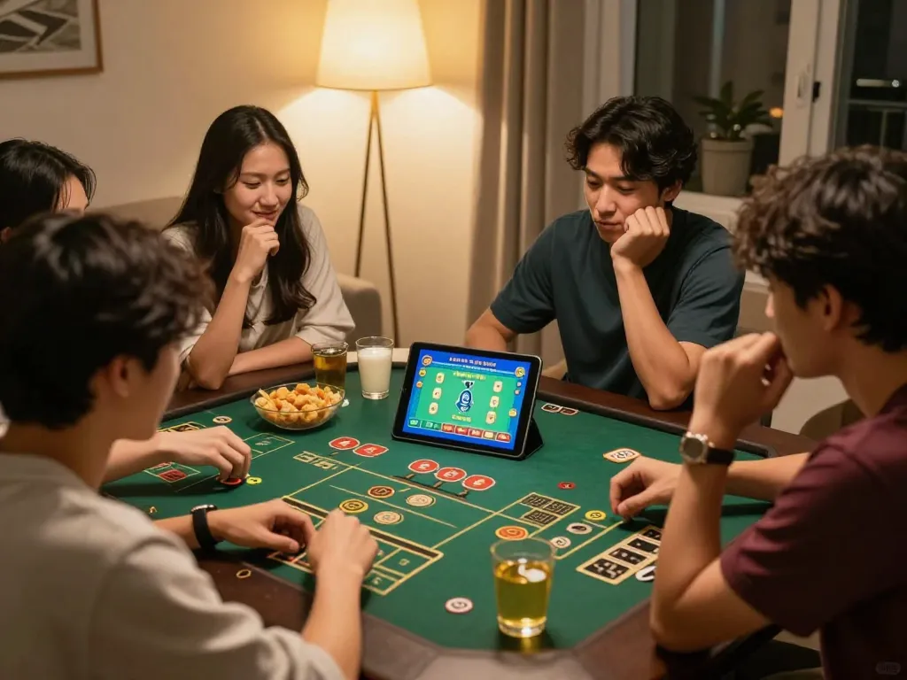 Enjoying an exciting tài xỉu online game at home on a tablet with friends