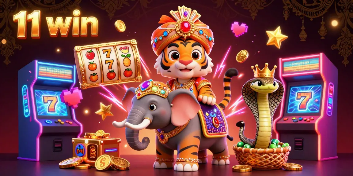 Experience the thrill of 11 win slots with a vibrant 3D illustration showcasing a maharaja, elephant, and cobra.