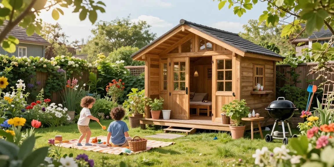 Wunderschönes Gartenhaus von McGarden24 mit Familie, Gartenwerkzeugen und fröhlicher Atmosphäre.