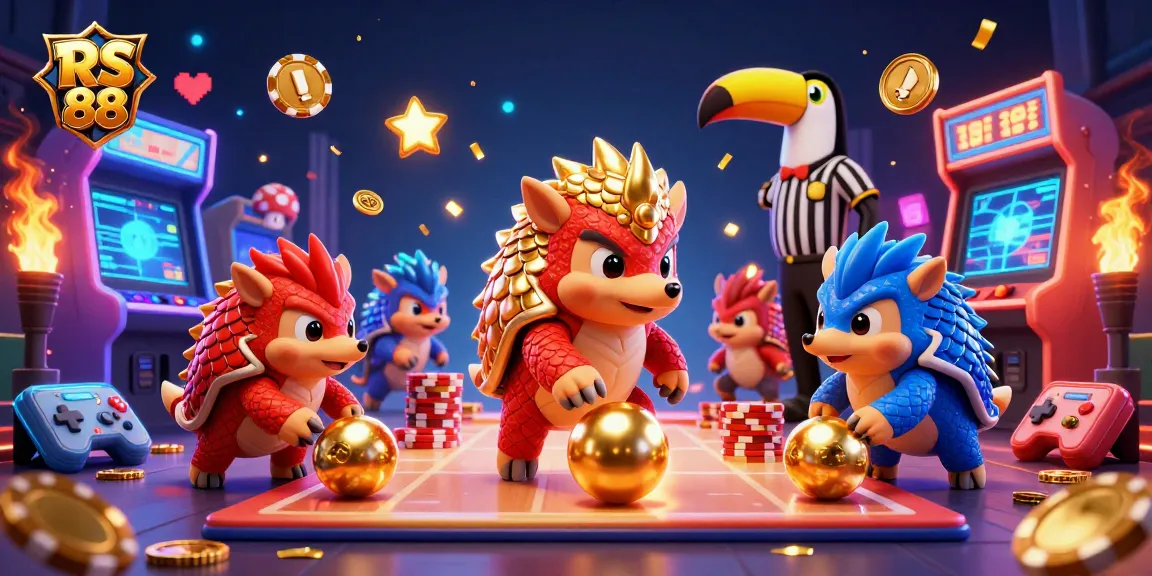 Engage in thrilling RS 88 gaming with cartoon pangolins amidst glowing casino elements.