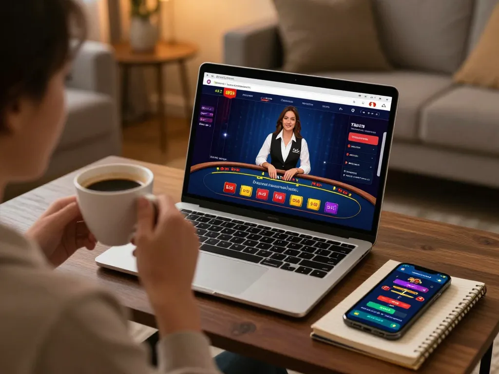 Engaging in online casino gaming at home using laptop and strategy notes for 789.