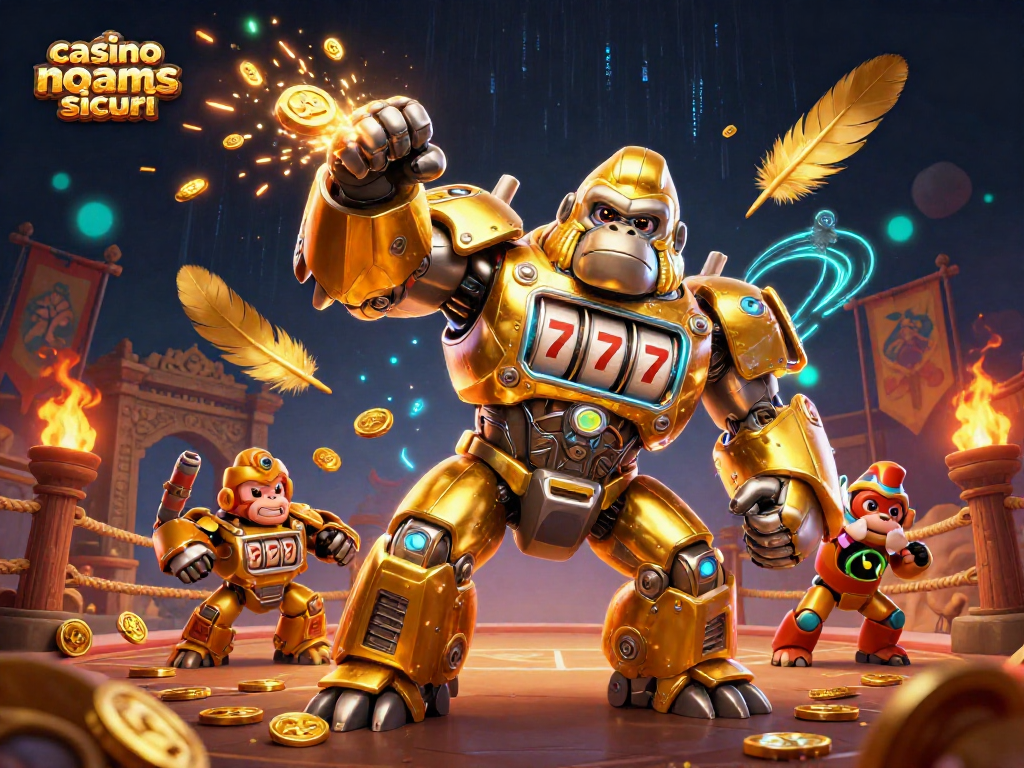 Slot machine al centro di un mecha gorilla dorato in un’arena, casino non aams sicuri in primo piano.