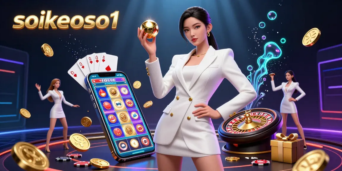 Experience thrilling gameplay with soikeoso1 featuring a confident Asian woman holding a roulette ball amidst dynamic casino elements.