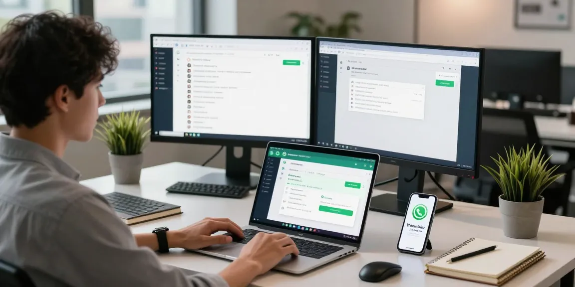Young professional using WhatsApp網頁版 on a modern workspace.