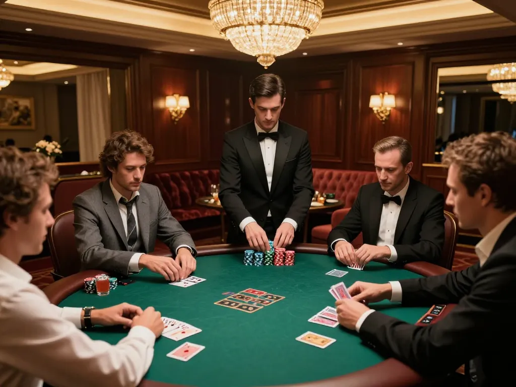 Keonhacai high-stakes poker scene showcasing players in formal attire at an upscale casino table.