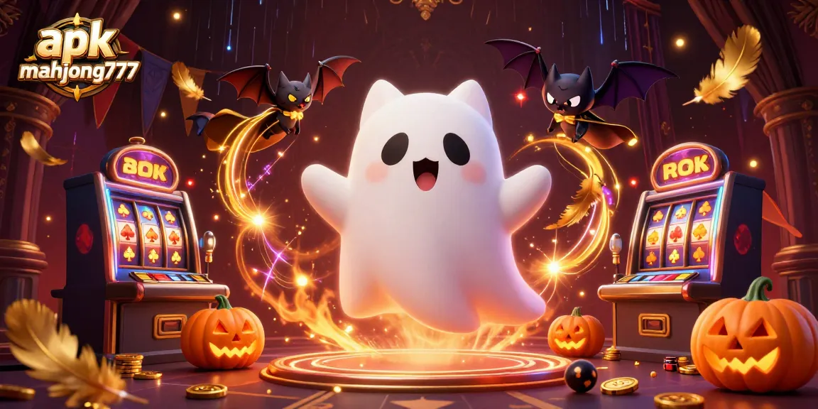 Engage with apk mahjong777 in a vibrant 3D casino scene featuring a ghost cat, a bat, and glowing jack-o-lanterns.