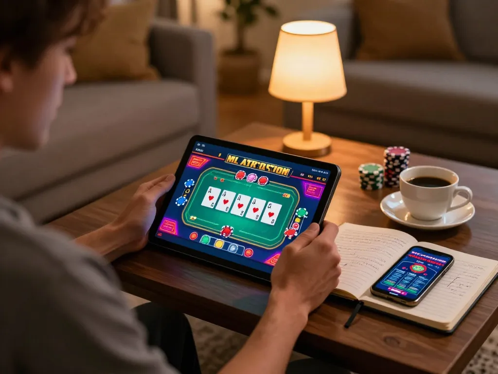 MM88 player engaged in online casino poker game at home, reflecting strategic gaming atmosphere.