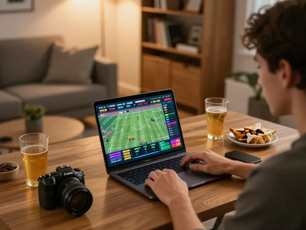 Engaging in sports betting online at home with modern tech and betting interface showcasing b52