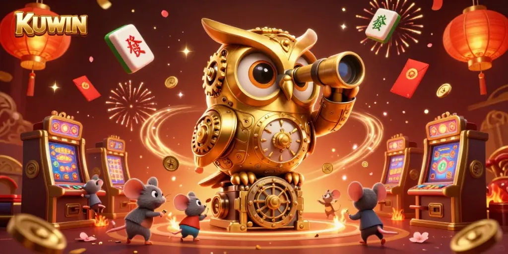 Experience the thrilling KUWIN casino with a cartoonish golden owl and wind-up mice amidst festive elements.