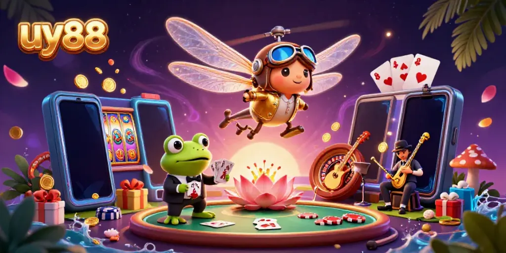 Experience gaming excitement at UY88 with a vivid scene showcasing a dragonfly pilot, frog dealer, and jazz musicians.