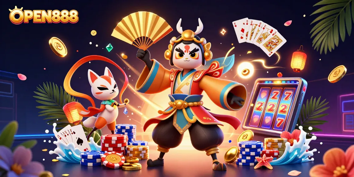 Engage in thrilling gameplay at OPEN888 with golden coins and vibrant characters in a lively casino atmosphere.
