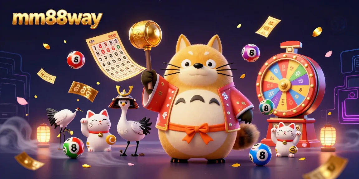 Engage with mm88way's vibrant casino scene featuring a lucky tanuki amidst lottery action.