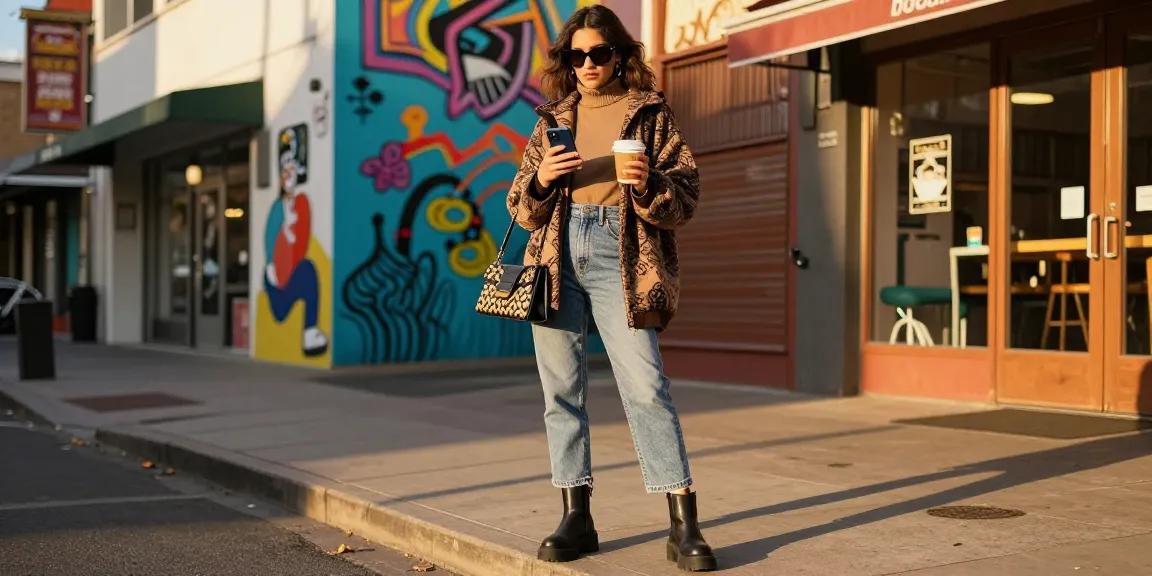 Fashion tips for urban style featuring a person in trendy layered outfit with accessories amidst vibrant street scene.