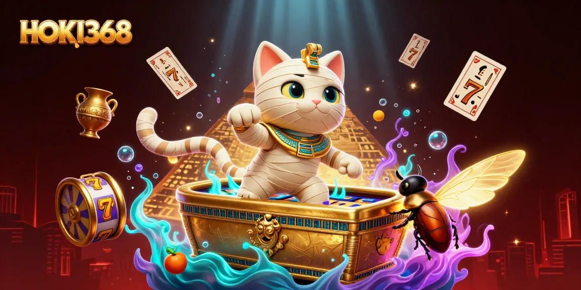 Enter a thrilling world with HOKI368, featuring a mummy cat and casino elements in vibrant 3D action.