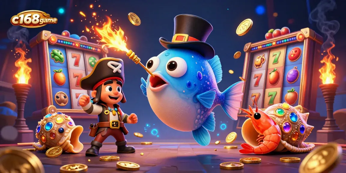 Spin big with c168game as the anglerfish attracts golden coins in a vibrant casino scene.