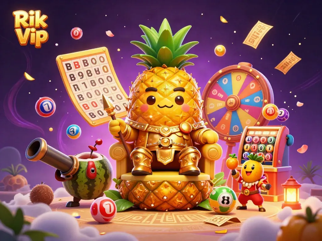 Engage with Rik Vip in this vibrant casino scene featuring a golden pineapple king and colorful lottery elements.