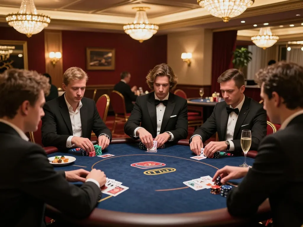 Players strategizing in high-stakes poker at a stunning VIP area, featuring 789winlem gaming experience.