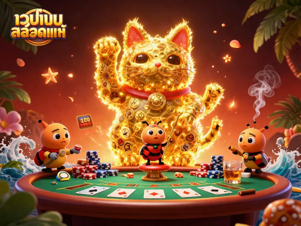 Experience the excitement of เว็บเกมสล็อตแท้ with a dazzling lucky cat surrounded by casino elements.