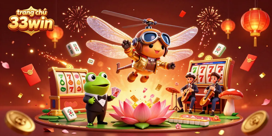 Experience the excitement of trang chủ 33win with a colorful casino scene featuring a dragonfly pilot and vivid game elements.