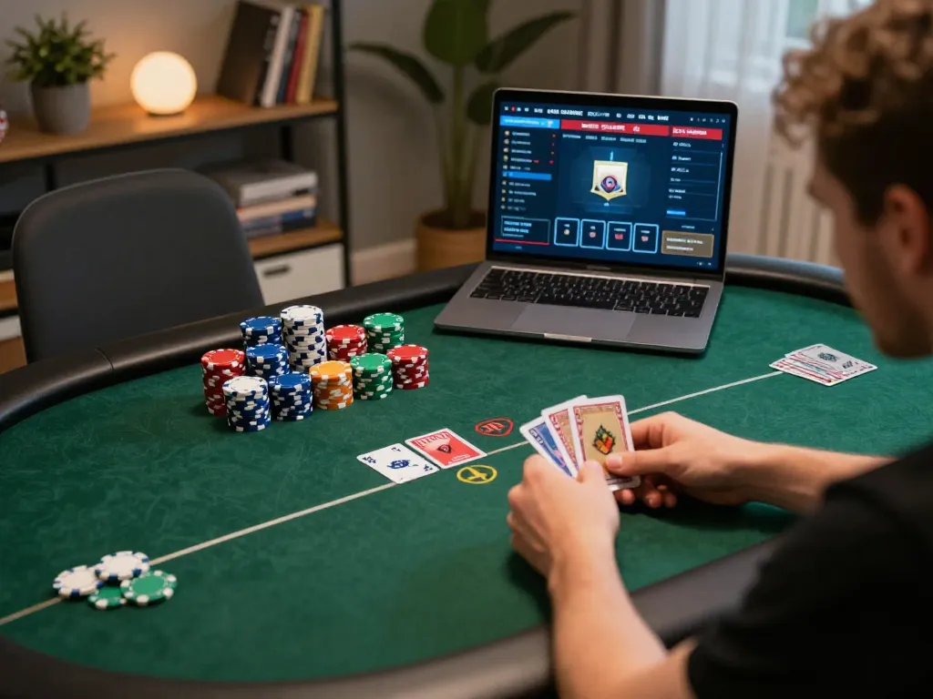 Player analyzing poker strategy online at home with MM 88 gaming interface visible