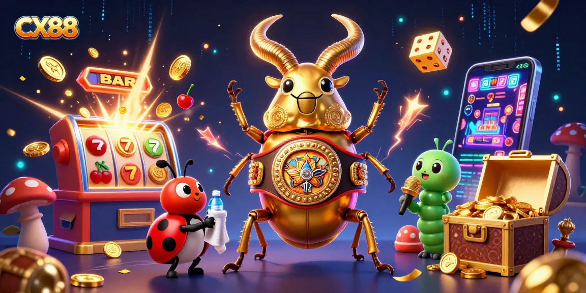 Spin and win at CX88 with a colossal golden beetle champion and casino treasures!