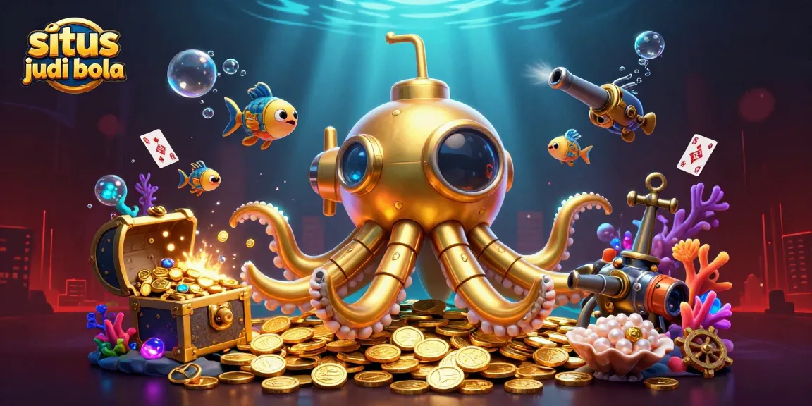 Situs judi bola energizes the scene with a golden kraken submarine amidst shimmering coins and lively mechanical fish.