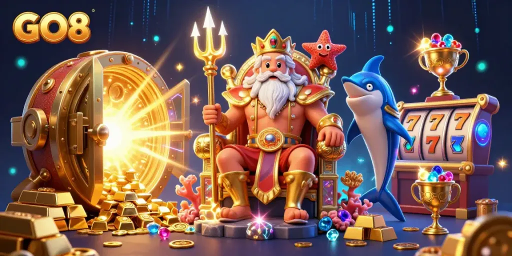 Experience excitement with GO8's vibrant casino scene showcasing slots and treasures.