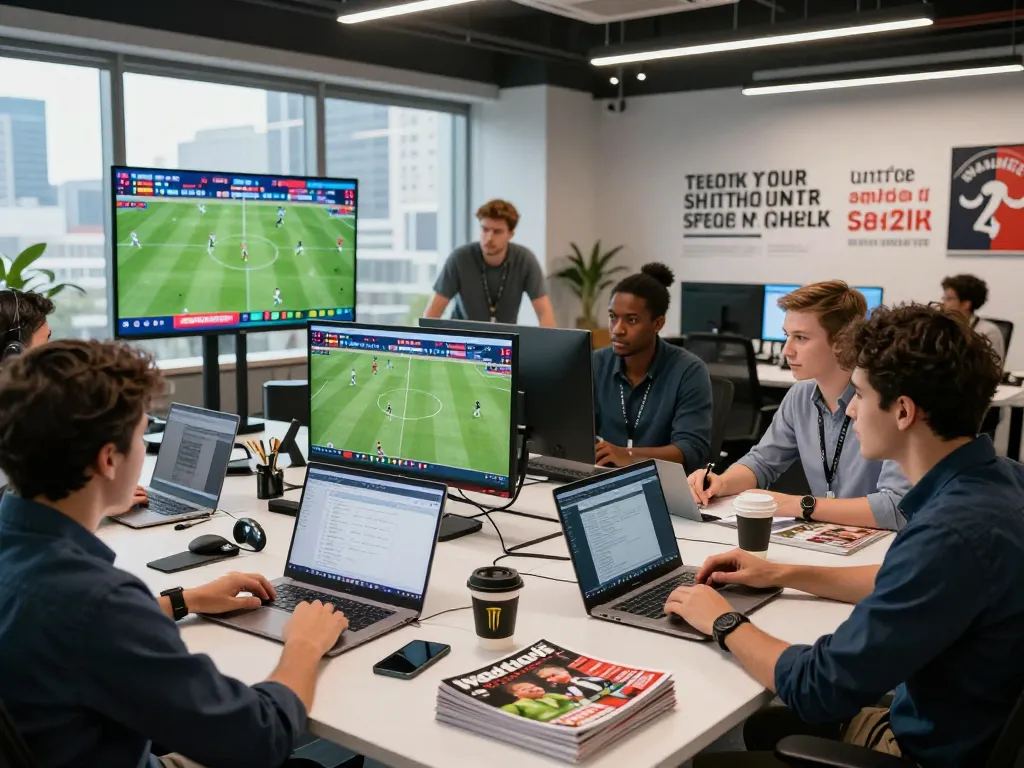 Engaging workspace for kèo nhà cái 8 betting analysis with sports analysts strategizing.