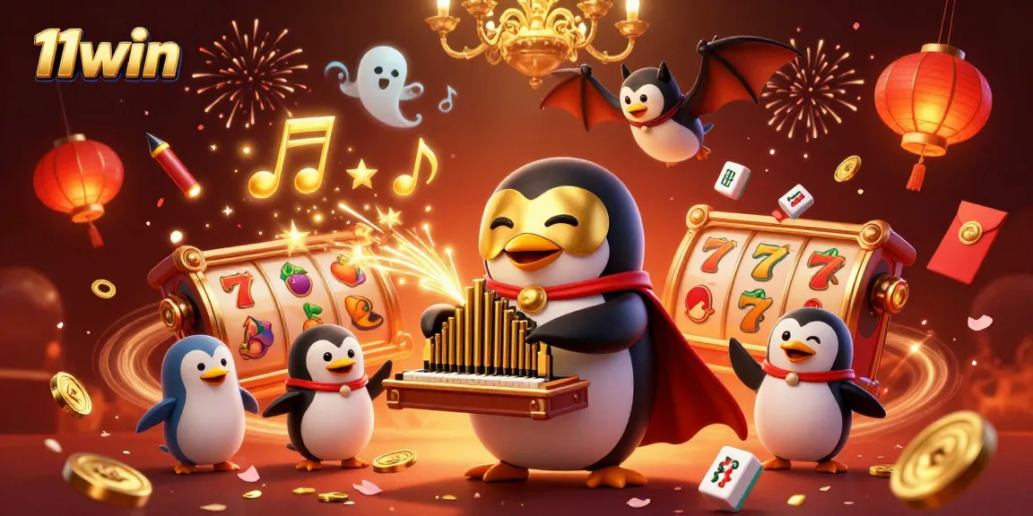 11win showcases an ultra-detailed casino scene with a penguin musician, slot reels, and festive decorations.
