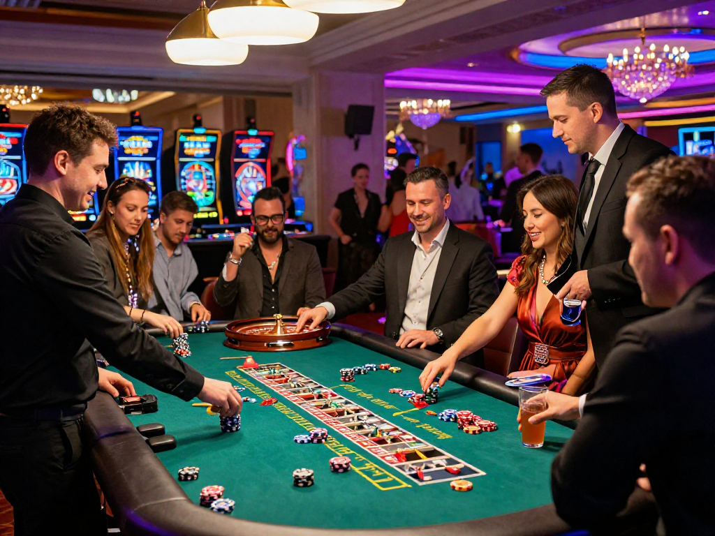 Giocatori felici al tavolo della roulette in un casinò non AAMS sicuri, con atmosfera vivace e decorazioni lussuose.