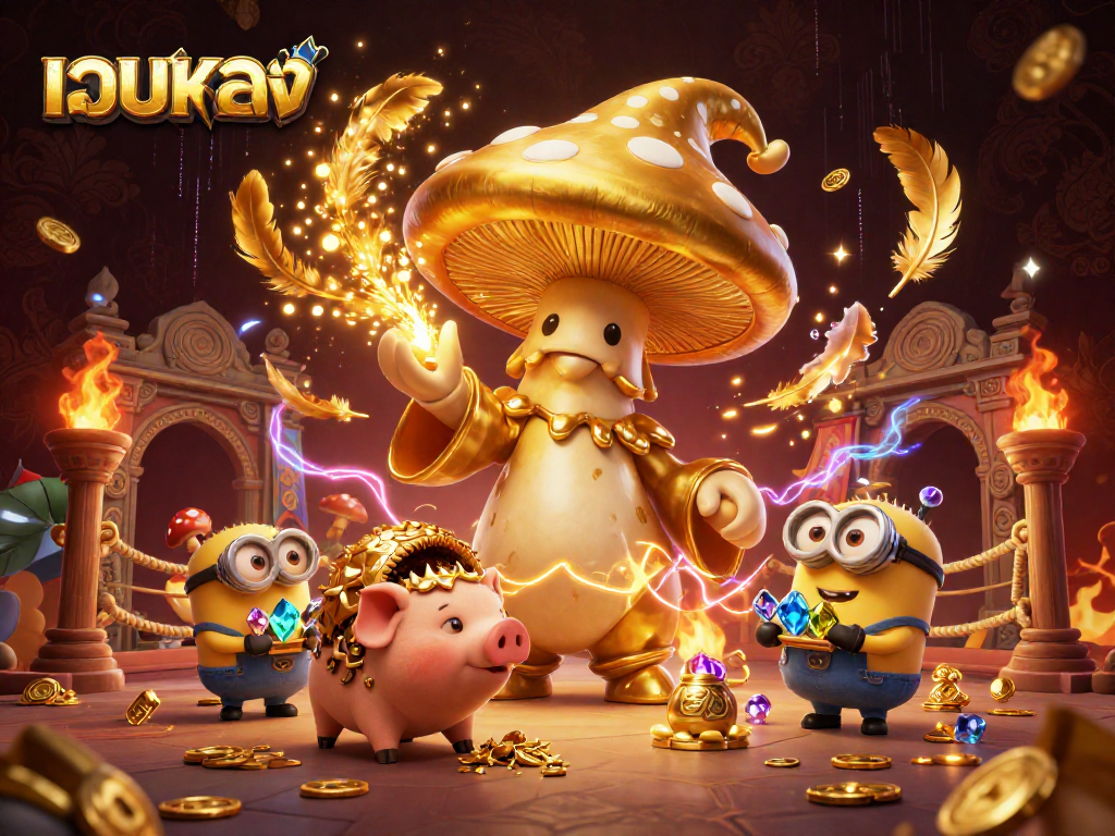 Experience เว็บตรง magic with a golden mushroom wizard and pig amidst casino treasures in 3D illustration.