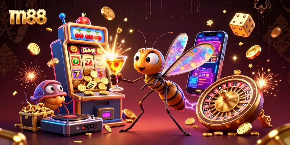 M88 casino mascot brings excitement with vibrant 3D illustration featuring games and wins.
