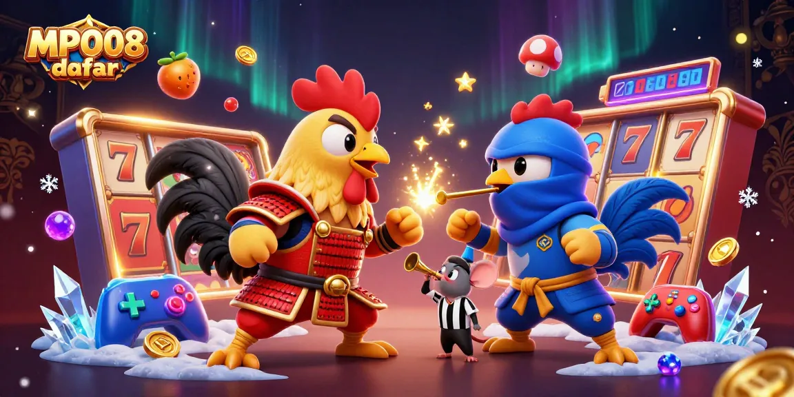 MPO08 daftar highlights a dramatic standoff between cartoon roosters, surrounded by vibrant slot game elements.