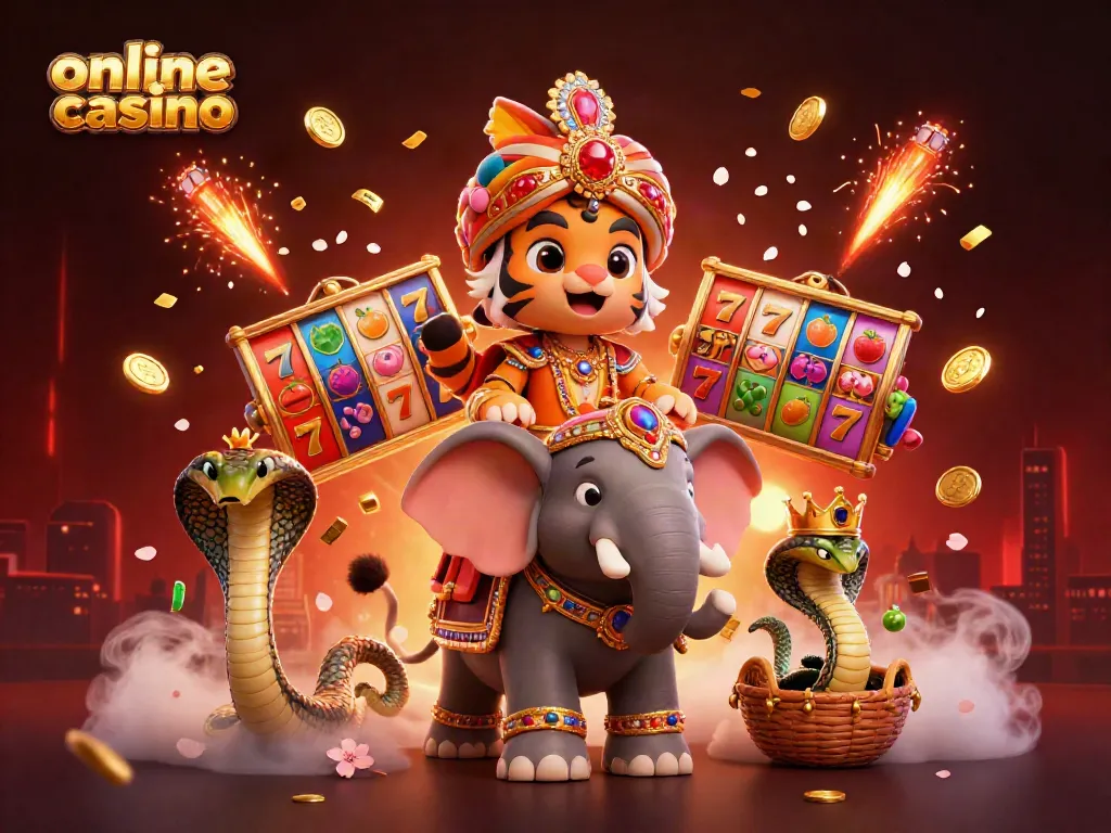Engage in the vibrant online casino scene filled with slot reels, lucky symbols, and golden coins.