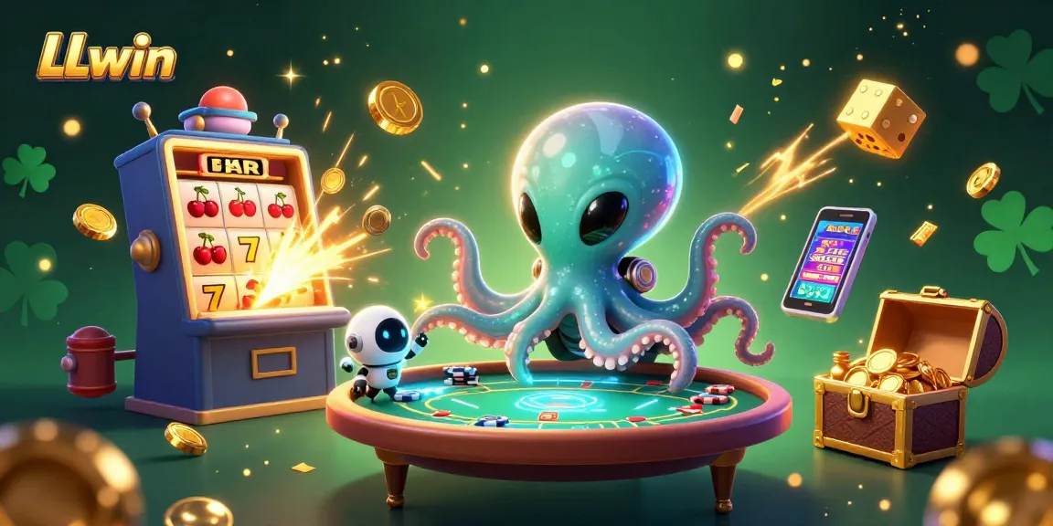 Experience exciting games with LLwin's vibrant casino scene featuring an alien octopus and jackpot elements.