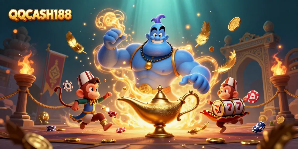 Engage with QQCASH188’s thrilling slots adventure featuring genies, magic carpets, and vibrant casino elements.
